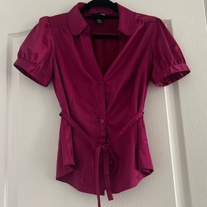 H&M, short sleeve button down SILK blouse with puff sleeves and tie at the waist